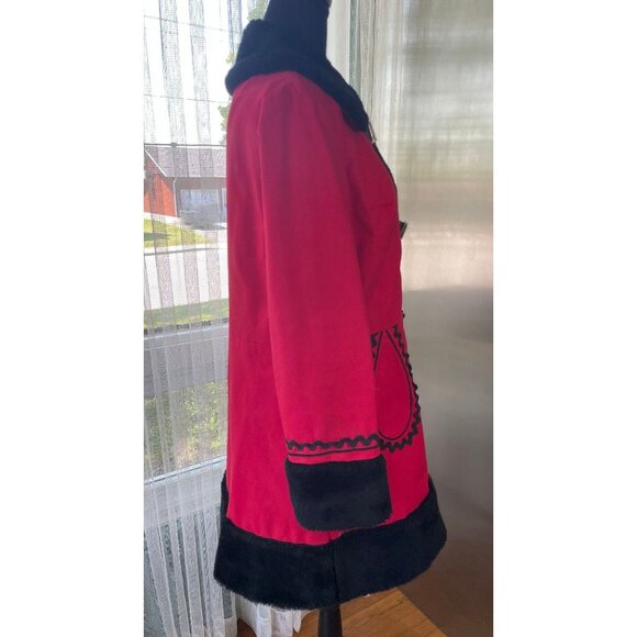 Vintage 80s ladies coat, red & black parka, faux fur collar & cuffs, 6/8 (S/M) - Picture 5 of 9